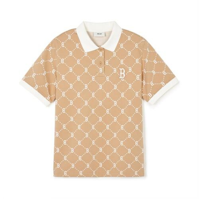 MLB Women`s Dia Monogram Jacquard Polo T Shirts Beige | Australia_MLB16739