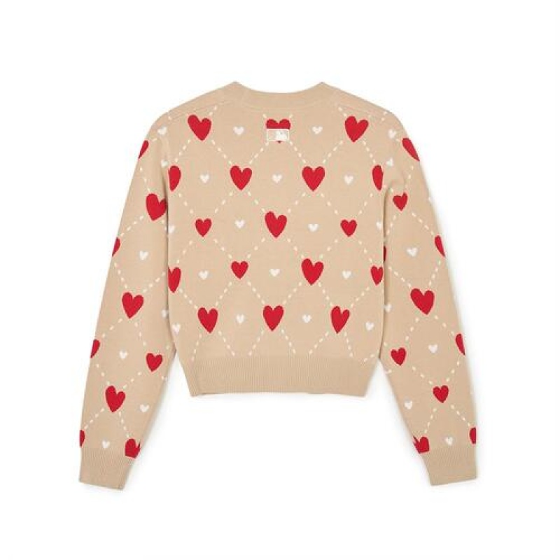 MLB Women`s Heart All Over Pattern Crop Cardigan Sweaters Beige | Australia_MLB93340