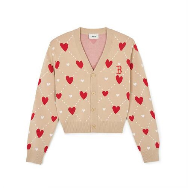 MLB Women`s Heart All Over Pattern Crop Cardigan Sweaters Beige | Australia_MLB93340