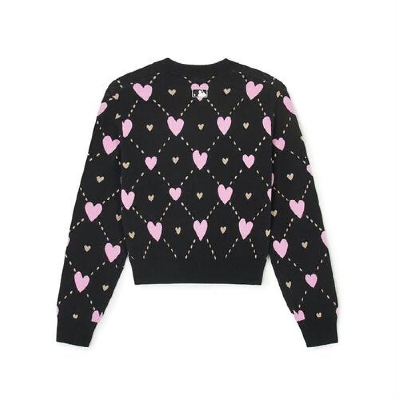 MLB Women`s Heart All Over Pattern Crop Cardigan Sweaters Black | Australia_MLB13106