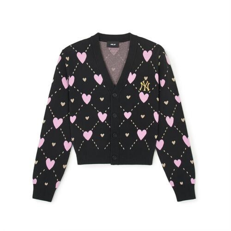 MLB Women`s Heart All Over Pattern Crop Cardigan Sweaters Black | Australia_MLB13106