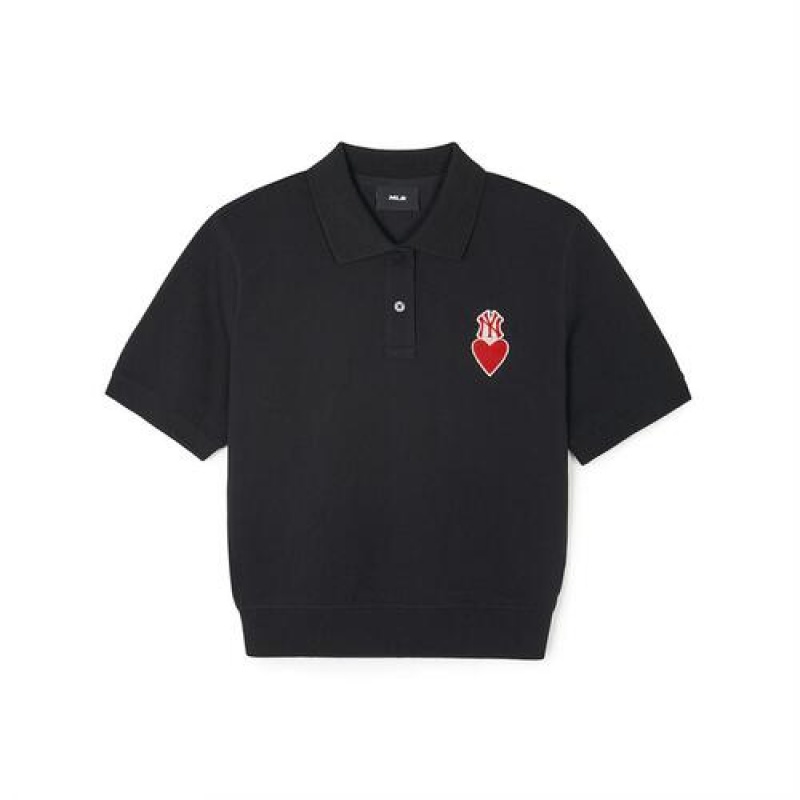 MLB Women`s Heart Crop Polo T Shirts Black | Australia_MLB46125