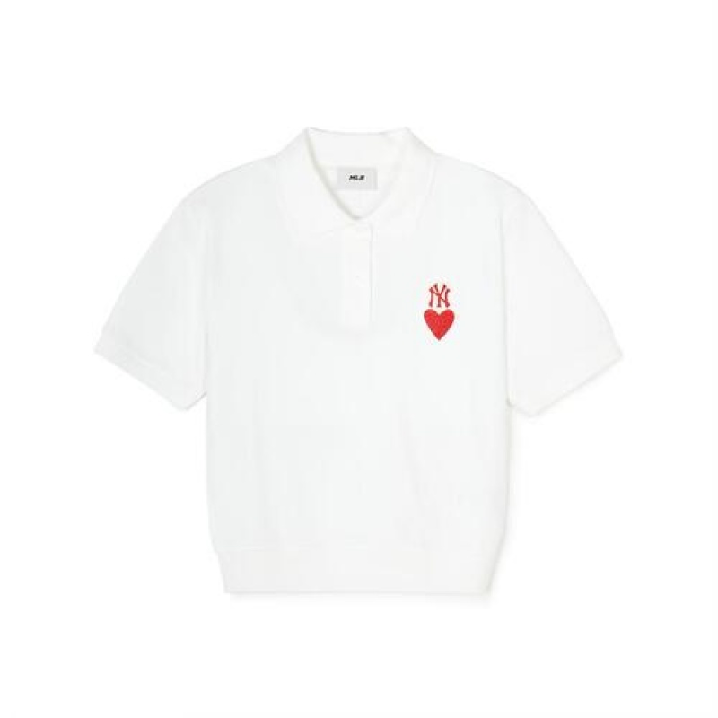 MLB Women`s Heart Crop Polo T Shirts White | Australia_MLB40251