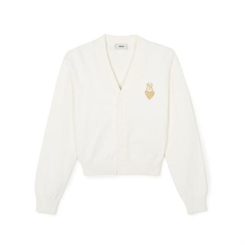 MLB Women`s Heart Wappen Crop Cardigan Sweaters White | Australia_MLB63007