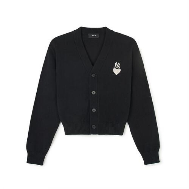 MLB Women`s Heart Wappen Crop Cardigan Sweaters Black | Australia_MLB79461