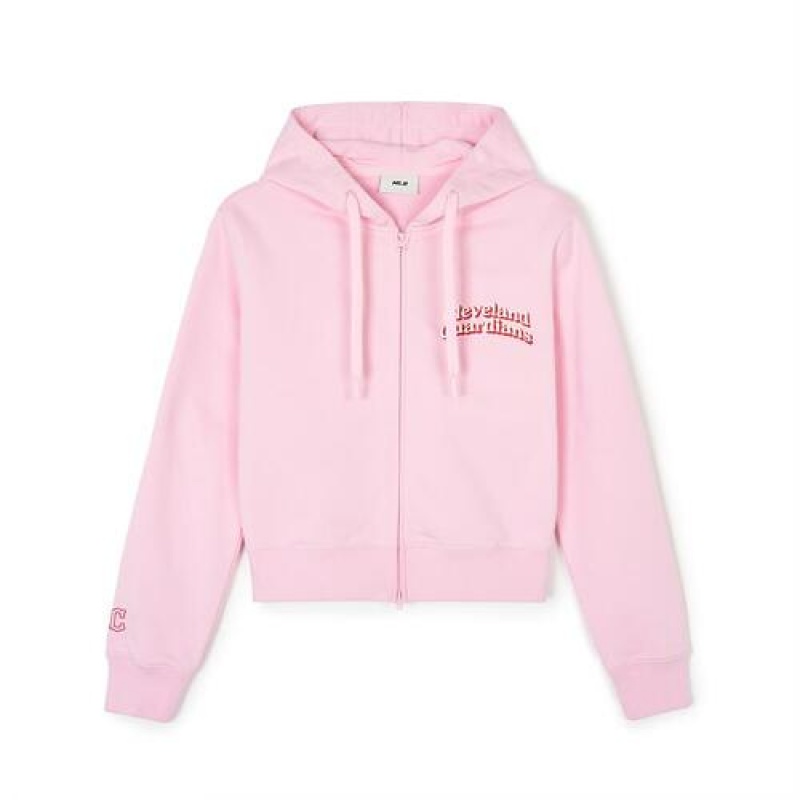 MLB Women`s Varsity Crop Hood Zip Up Hoodie Pink | Australia_MLB88124