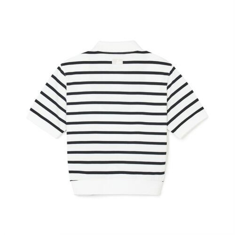 MLB Women`s Varsity Stripe Crop Polo T Shirts White / Black | Australia_MLB94309