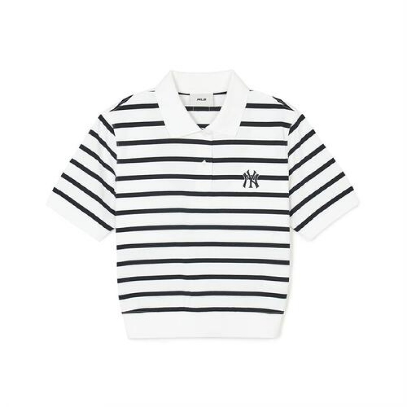 MLB Women`s Varsity Stripe Crop Polo T Shirts White / Black | Australia_MLB94309