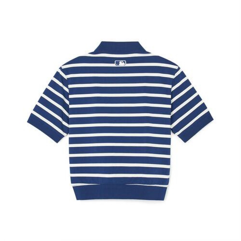 MLB Women`s Varsity Stripe Crop Polo T Shirts Blue | Australia_MLB24384