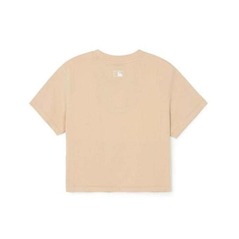 MLB Womens`s Basic Small Logo Crop T Shirts Beige | Australia_MLB42096