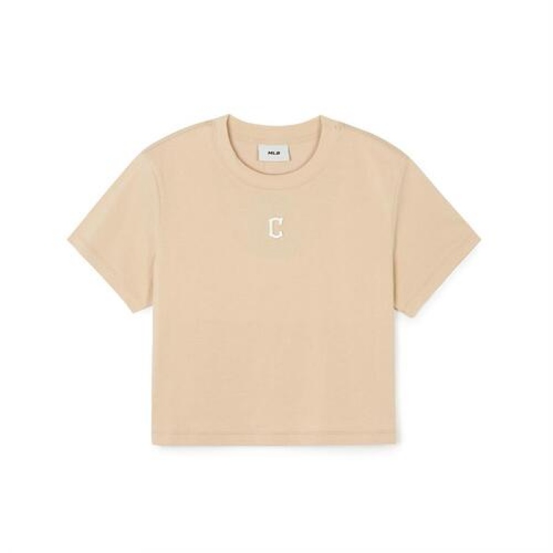 MLB Womens`s Basic Small Logo Crop T Shirts Beige | Australia_MLB42096